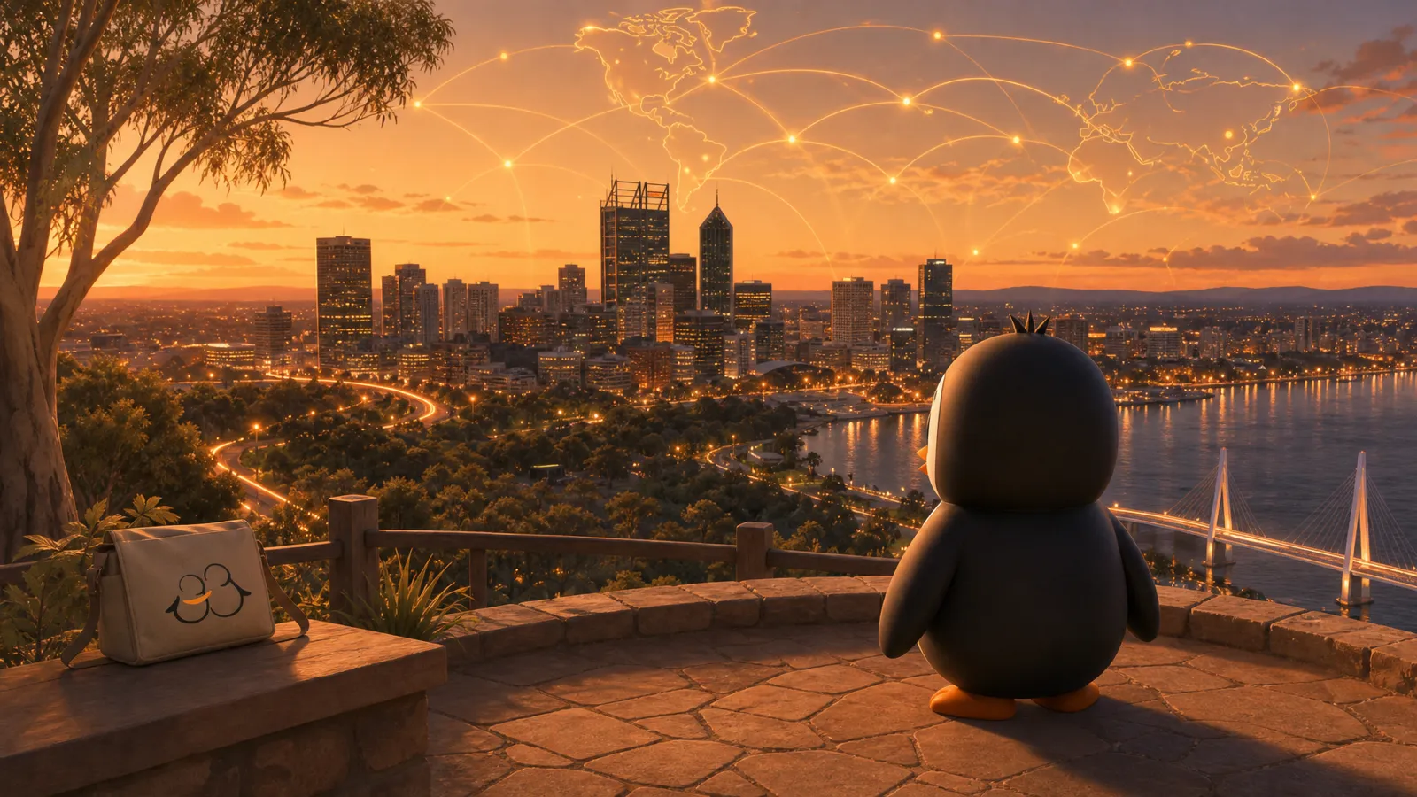 An Odasiti penguin looks out over the Perth skyline at sunset, with glowing global connection lines across the sky.